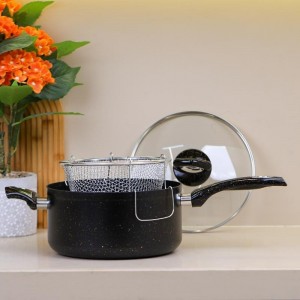 مقلى شيبس قلاية بطاطا جرانيت اسود 24سم 3 قطع مع مصفاة زيت